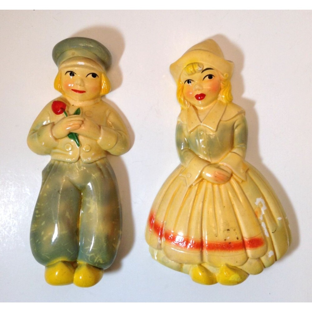 Vintage Dutch Boy and Girl Figurines Wall Hanger Hand Painted Chalkware Plaster